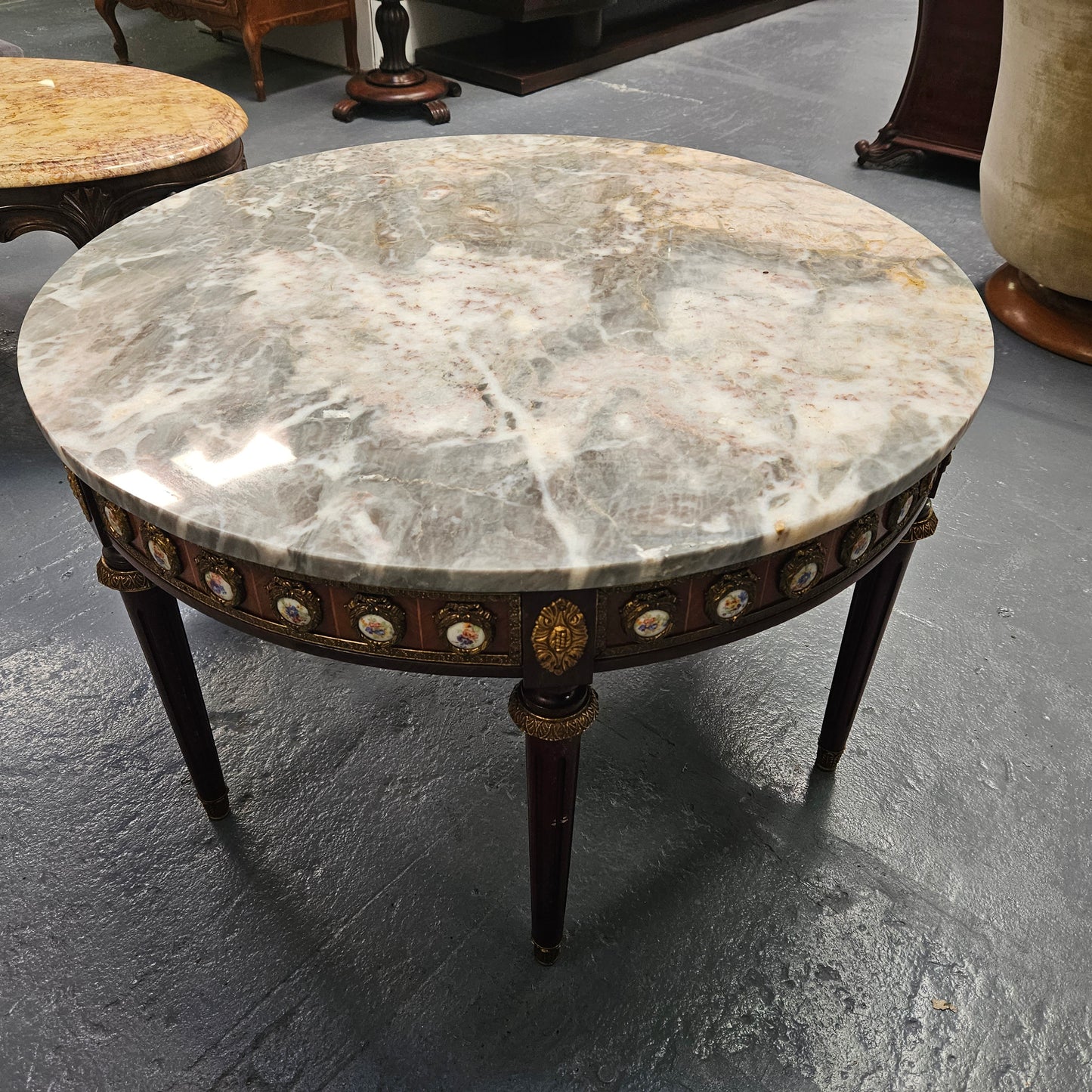 French Mahogany Louis XVI Style Limoges Marble Top Coffee Table