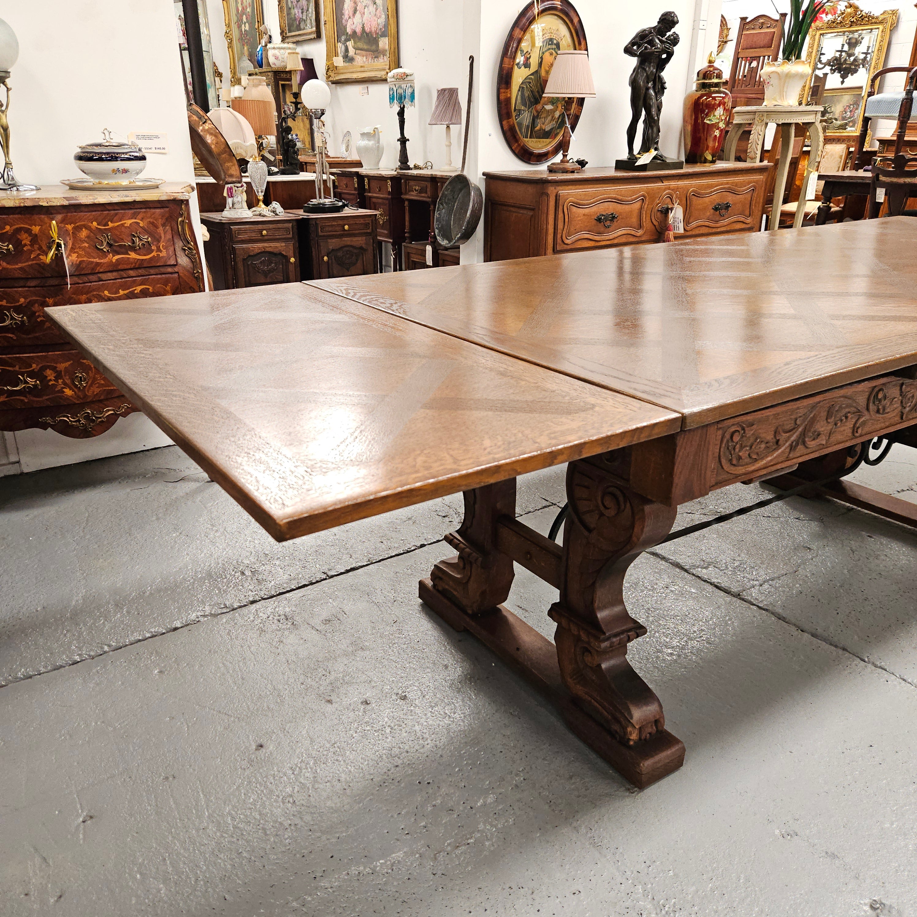 French Oak Spanish Style Parquetry Top Extension Dining Table | Antique & Vintage | Moonee Ponds Antiques | Australia Wide Delivery