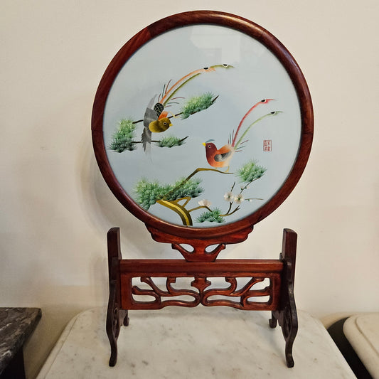 Vintage Chinese Screen on Rosewood Stand