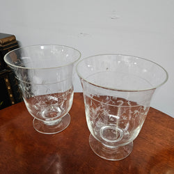 Pair Victorian Or Earlier Etched Glass Vases/Candle Holders