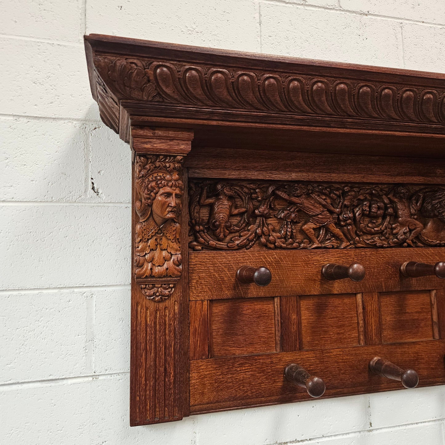 Antique Australian Oak Carved Large Hat Rack