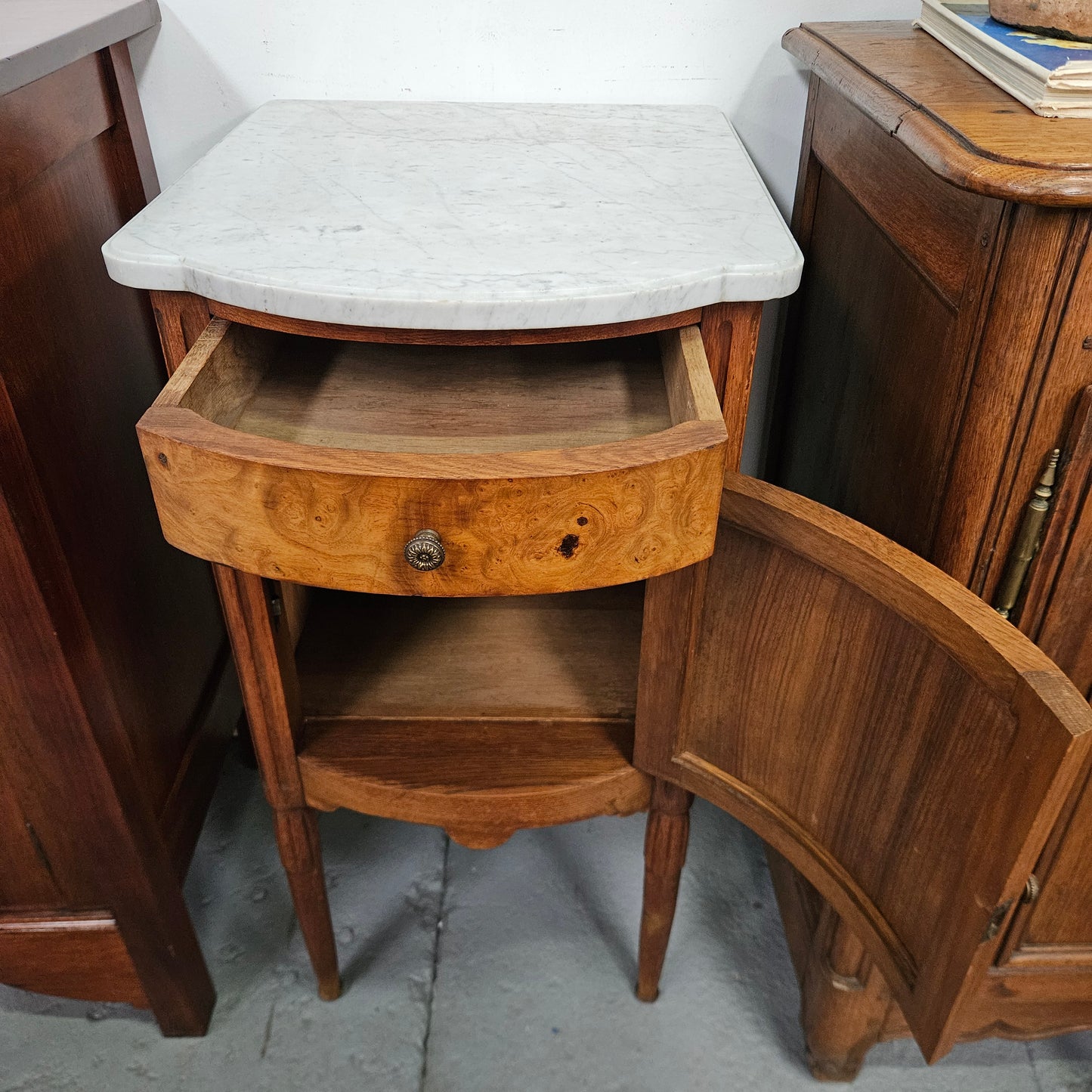 French Figured Burr Walnut & Oak Marble Top Bedside Cabinet