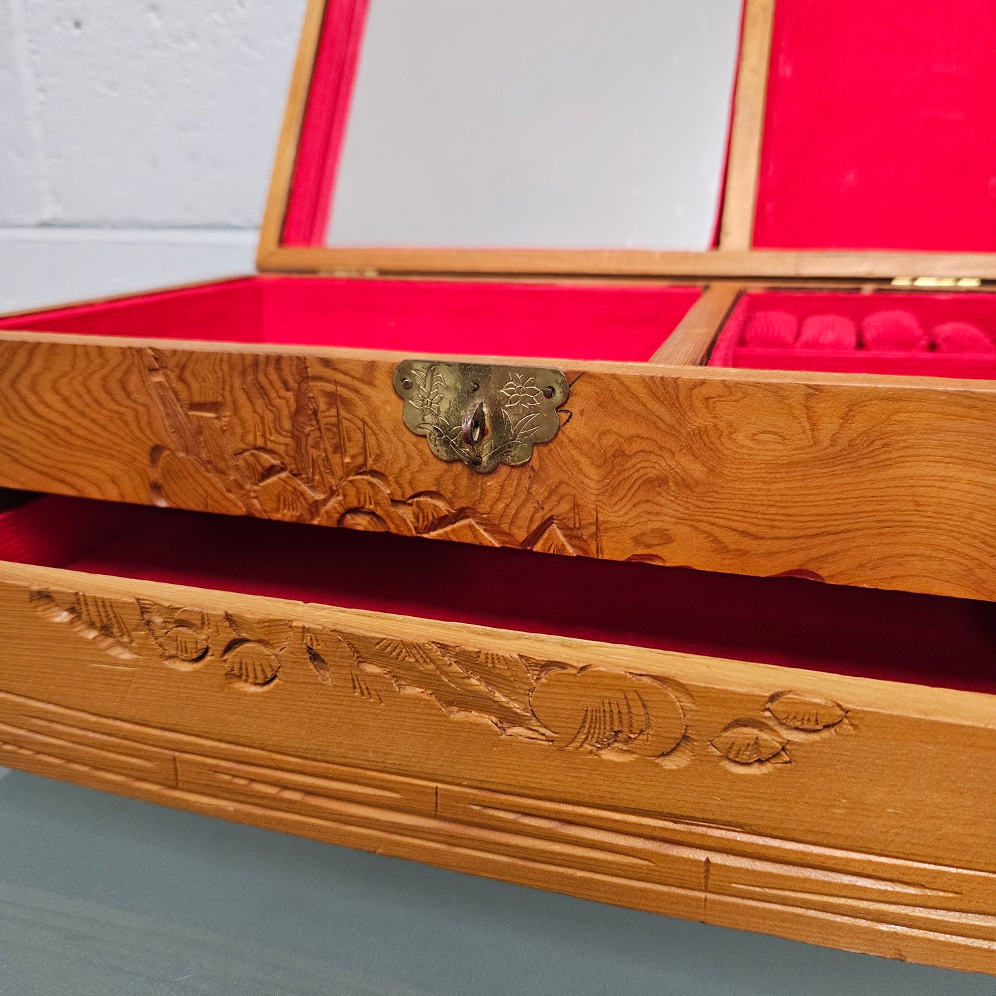 Vintage Chinese Maple Jewellery Box With Hand Carvings