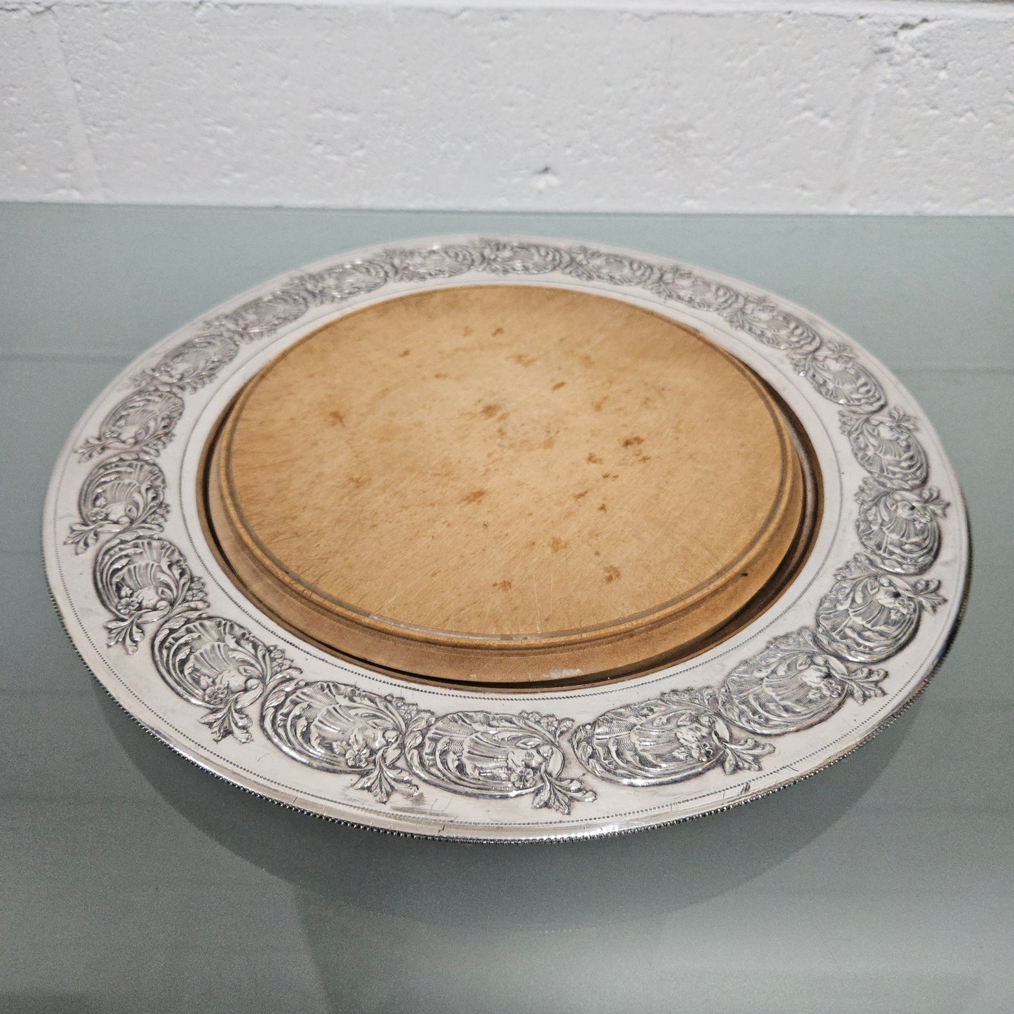 Edwardian Silver and Wooden Bread Cutting Board