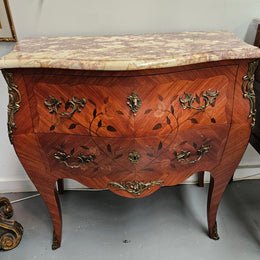 Louis 15th Style Medium Size Marquetry Inlay Marble Top Commode.