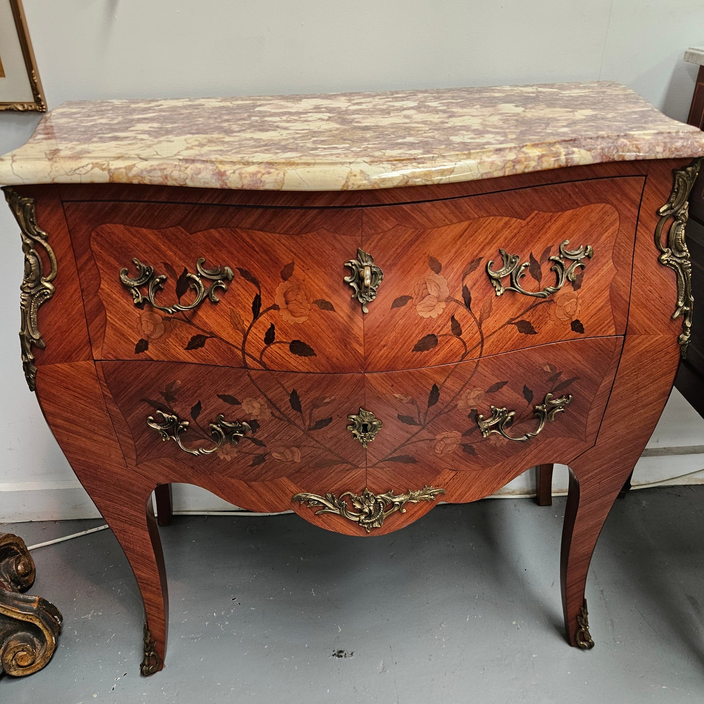 Louis 15th Style Medium Size Marquetry Inlay Marble Top Commode.