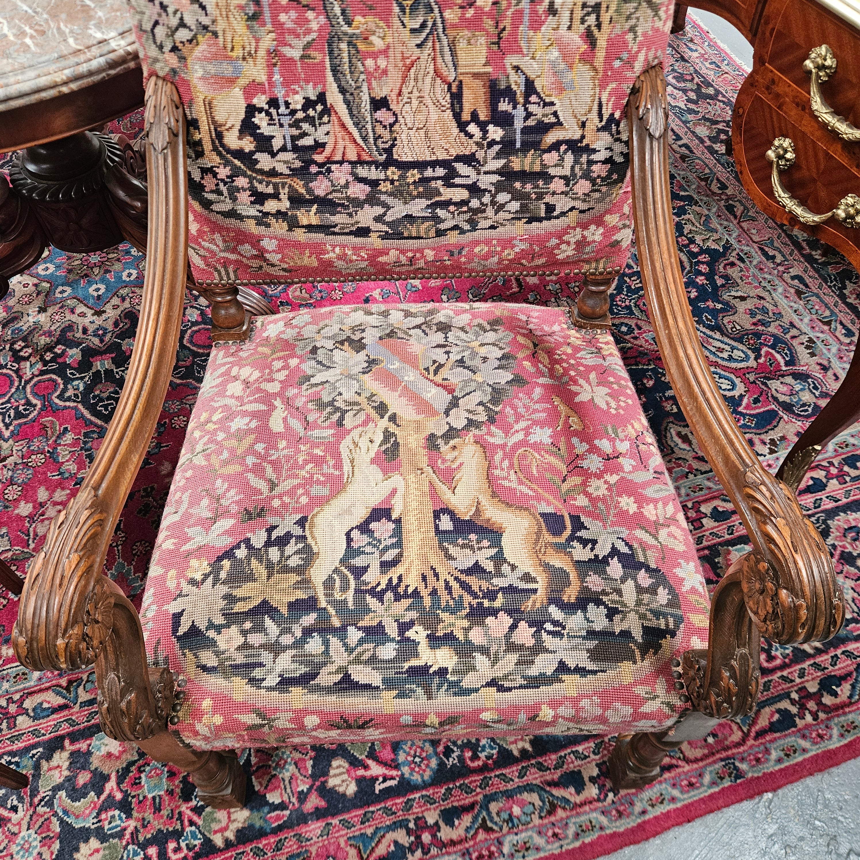 French 19th Century Walnut & Tapestry Fireside / Throne Chair | Antique & Vintage | Moonee Ponds Antiques | Australia Wide Delivery