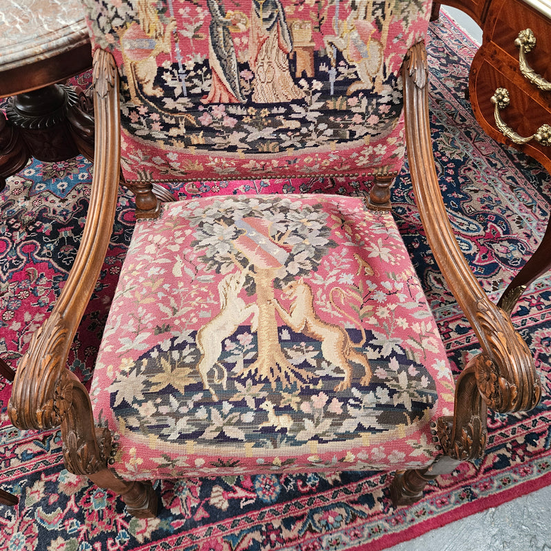 French 19th Century Walnut & Tapestry Fireside / Throne Chair