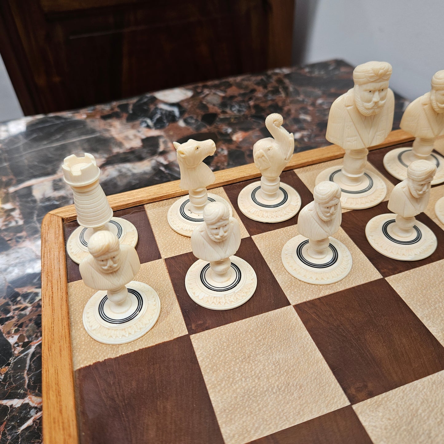 Antique Carved & Stained Ivory Chess Set