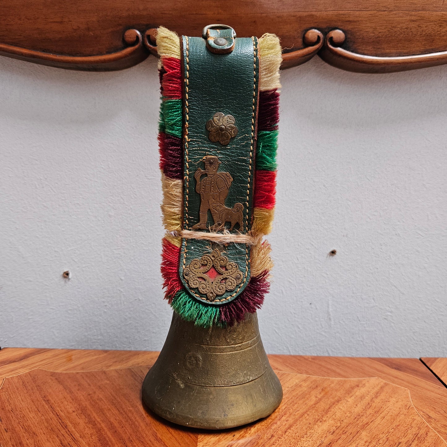 Vintage Cow Or Goat Brass Bell & Fringed Leather Strap