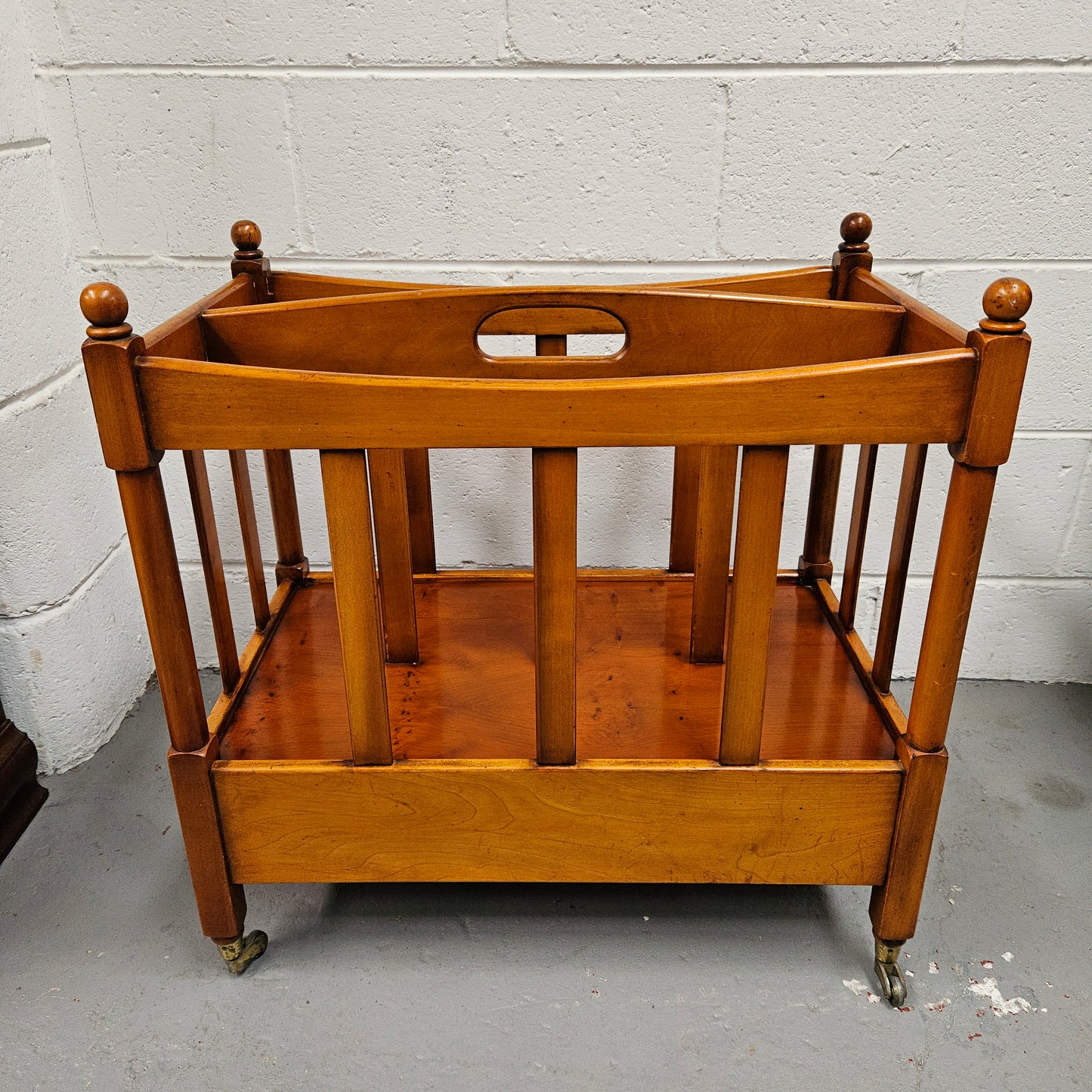 Vintage English Yew Canterbury Newspaper Stand on Brass Wheels