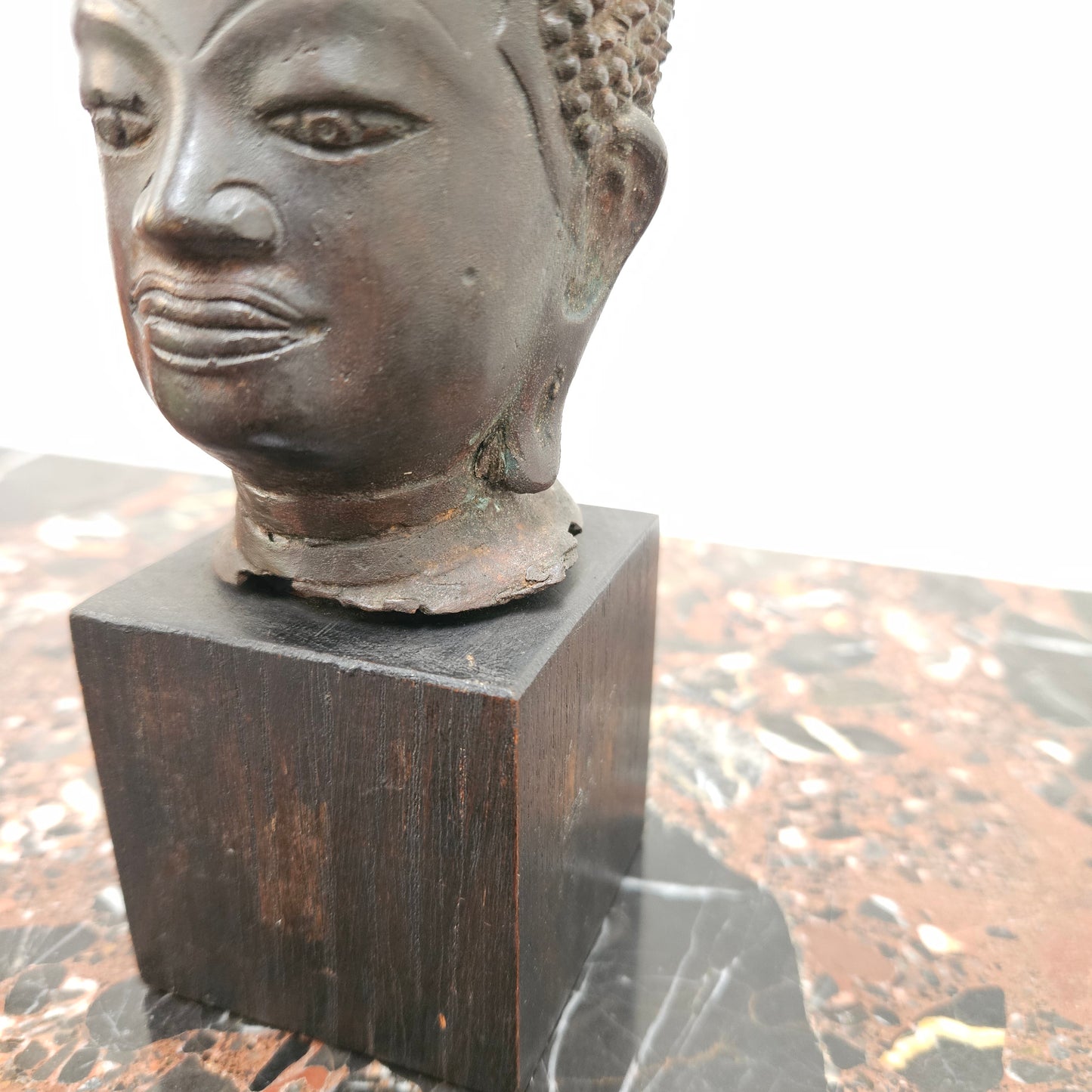 Antique Bronze Buddha Head On Plinth