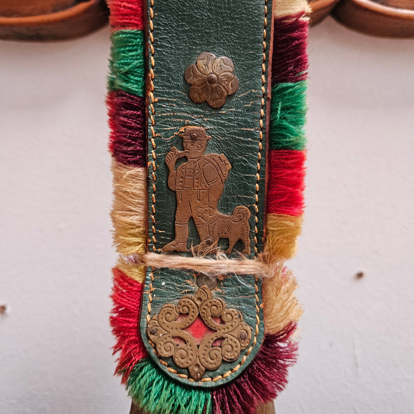 Vintage Cow Or Goat Brass Bell & Fringed Leather Strap