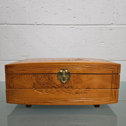 Vintage Chinese Maple Jewellery Box With Hand Carvings