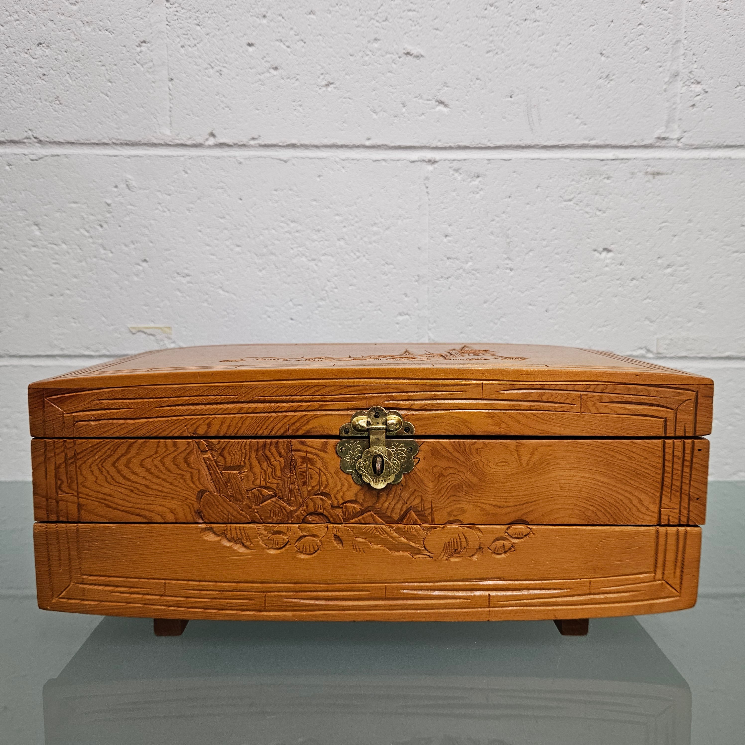 Vintage Chinese Maple Jewellery Box With Hand Carvings | Antique & Vintage | Moonee Ponds Antiques | Australia Wide Delivery