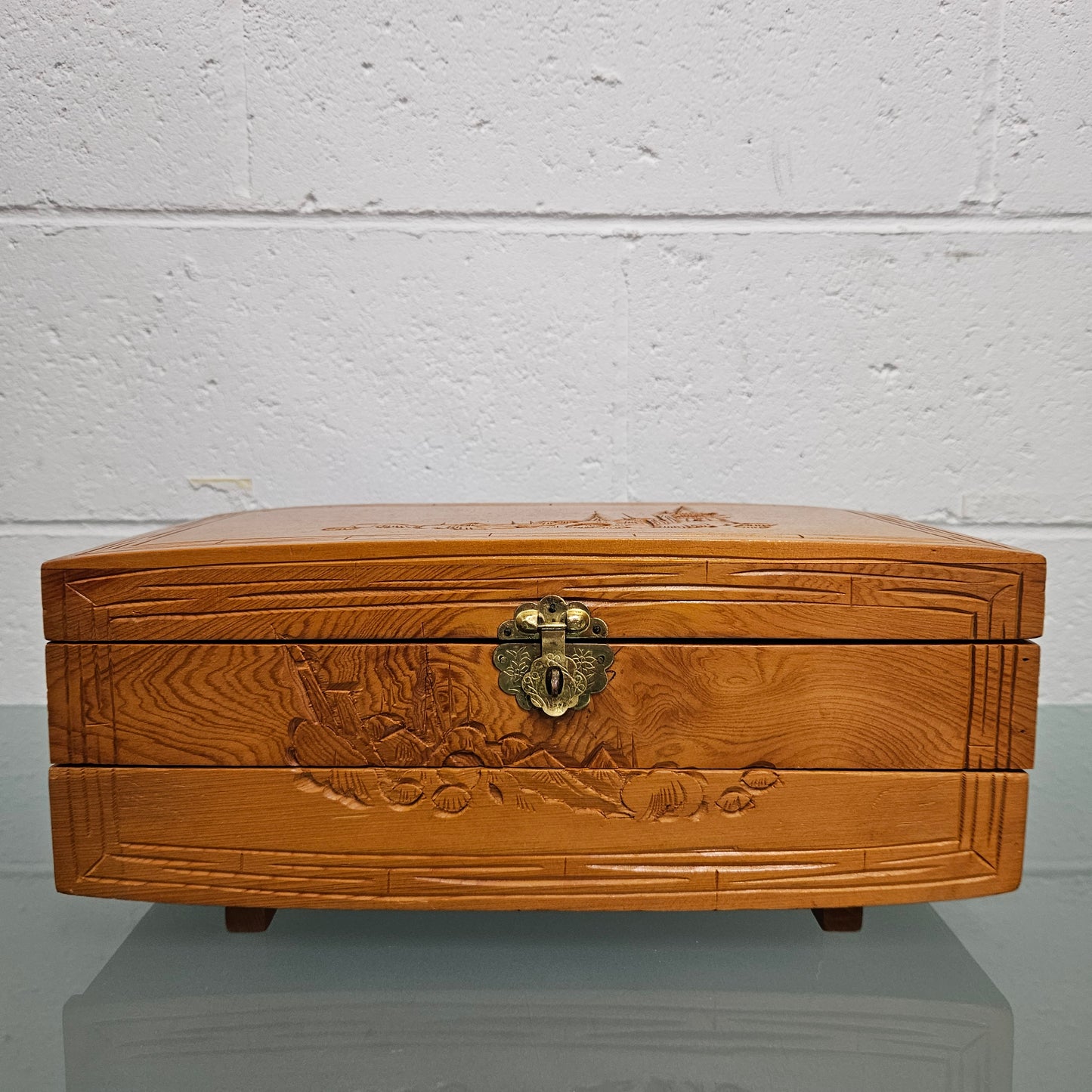 Vintage Chinese Maple Jewellery Box With Hand Carvings