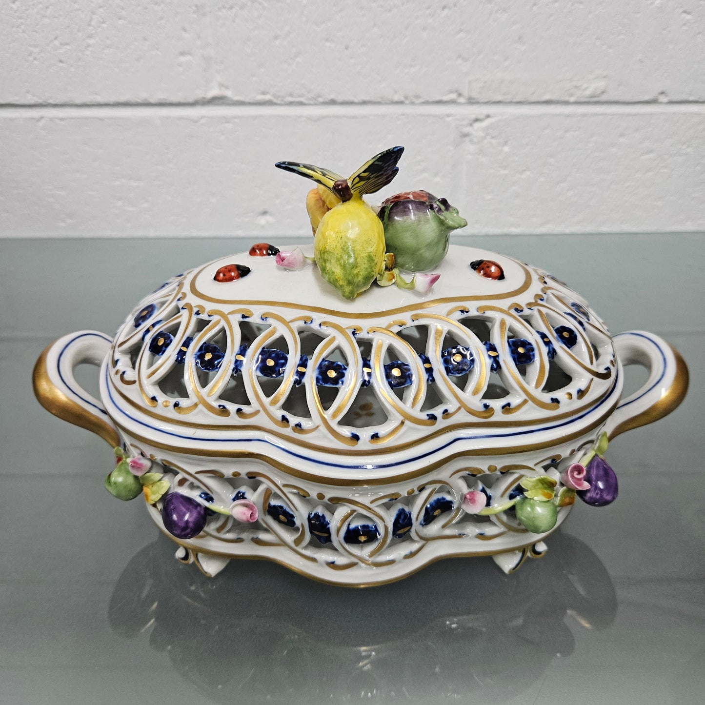 Vintage Servre Style Potpourri Holder With Fruit & Insects