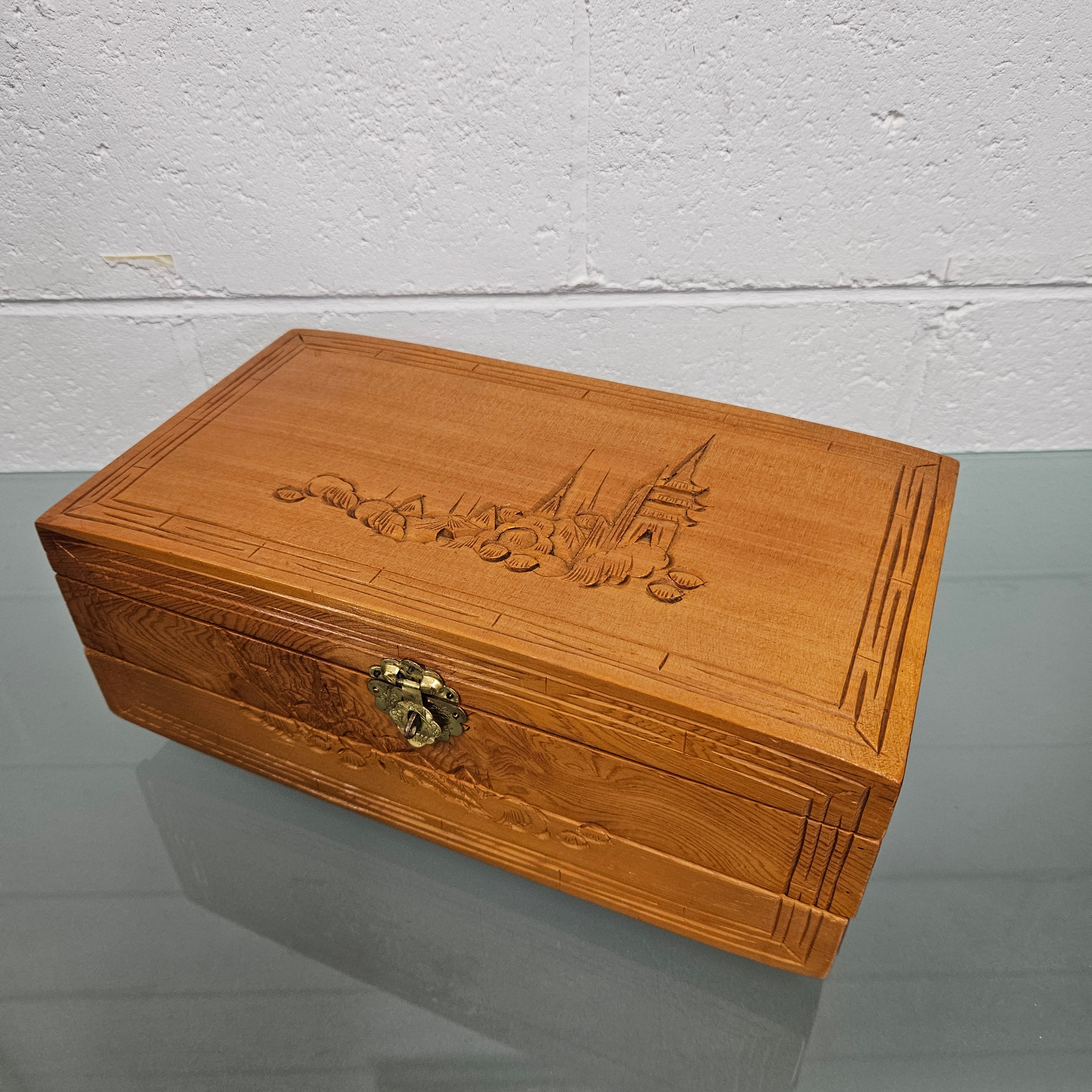 Vintage Chinese Maple Jewellery Box With Hand Carvings | Antique & Vintage | Moonee Ponds Antiques | Australia Wide Delivery