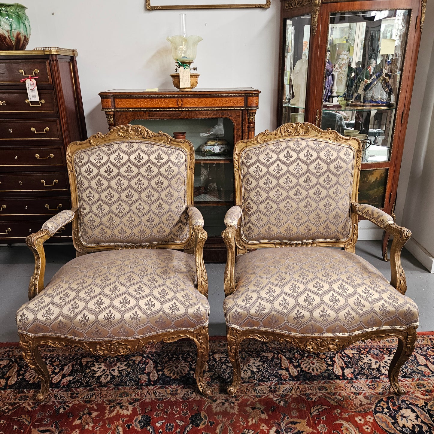 Antique Pair Reupholstered Louis XVth Style Giltwood Armchairs