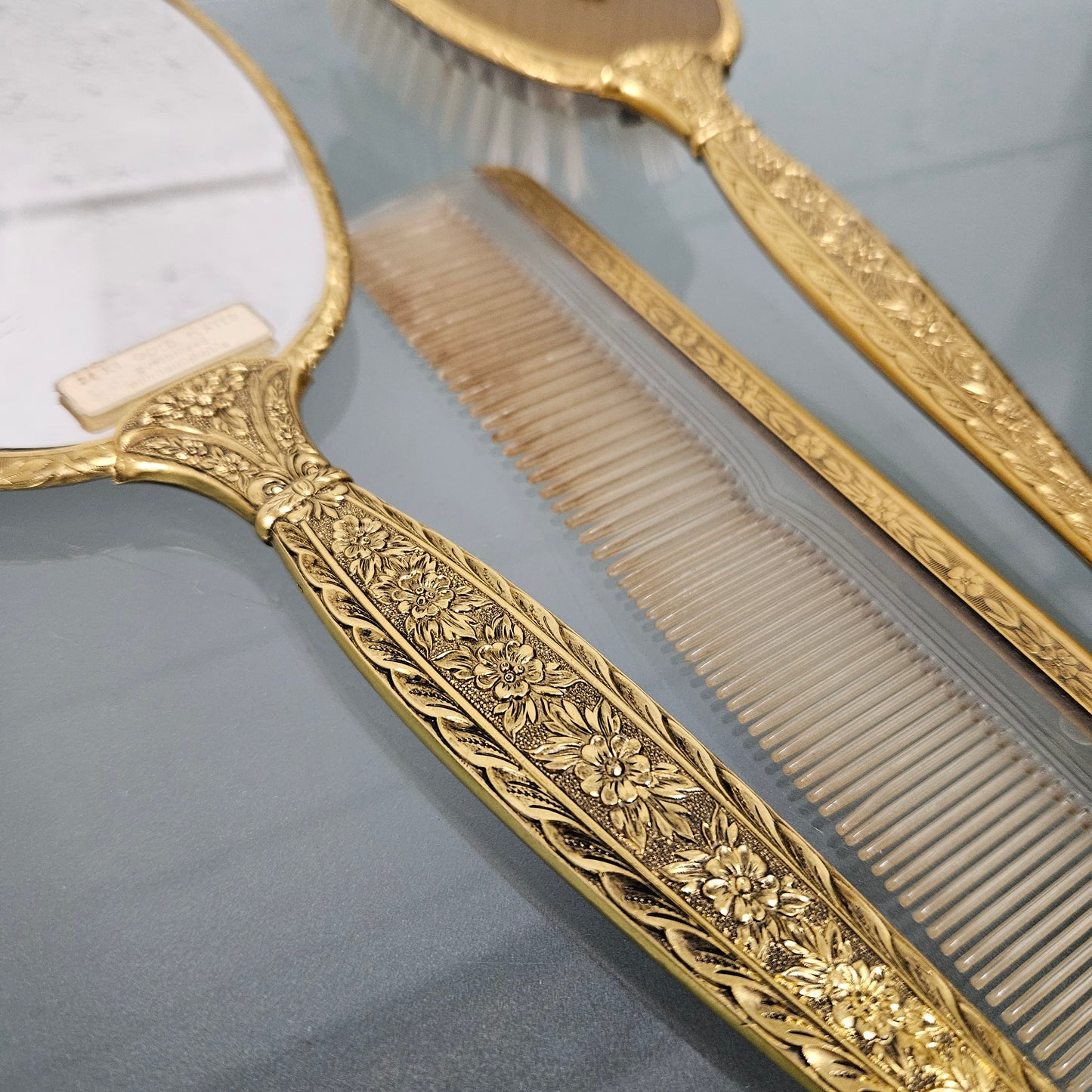 Gilt Brass Brush Mirror & Comb Set