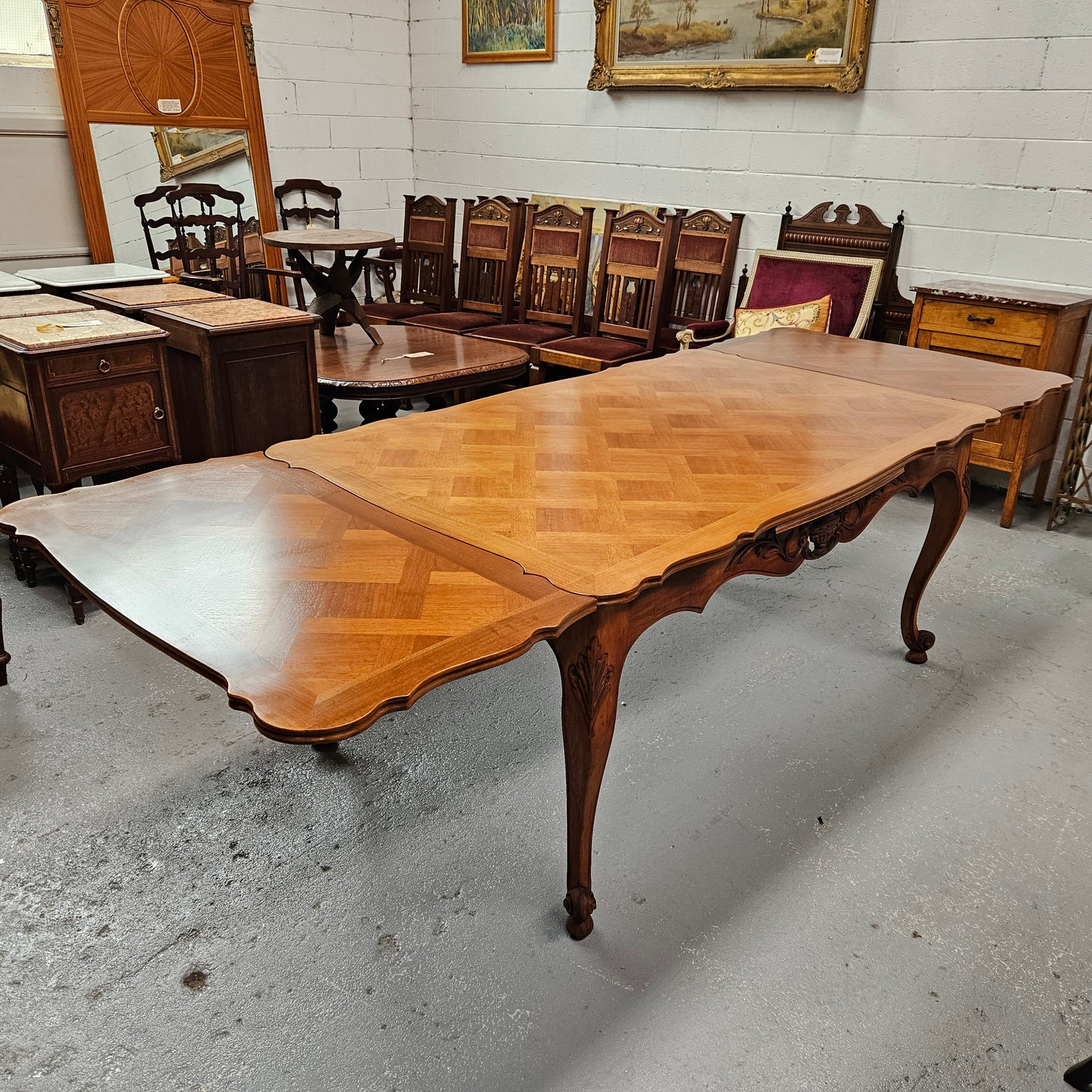 Louis XV Style Walnut Parquetry Top Extension Table