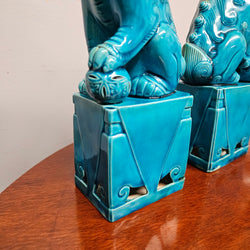 Pair of Vintage Chinese Turquoise Glazed Guardian Foo Dogs