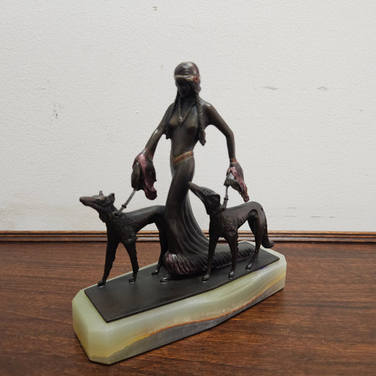 Small Art Deco Bronze Lady With 2 Borzoi Dogs