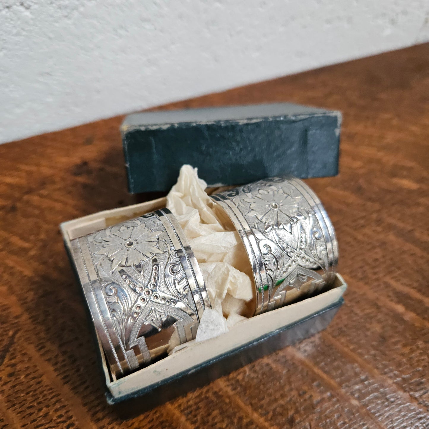 Pair Antique Engraved Silver Plated Serviette Rings