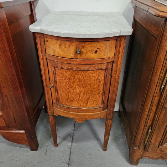 French Figured Burr Walnut & Oak Marble Top Bedside Cabinet
