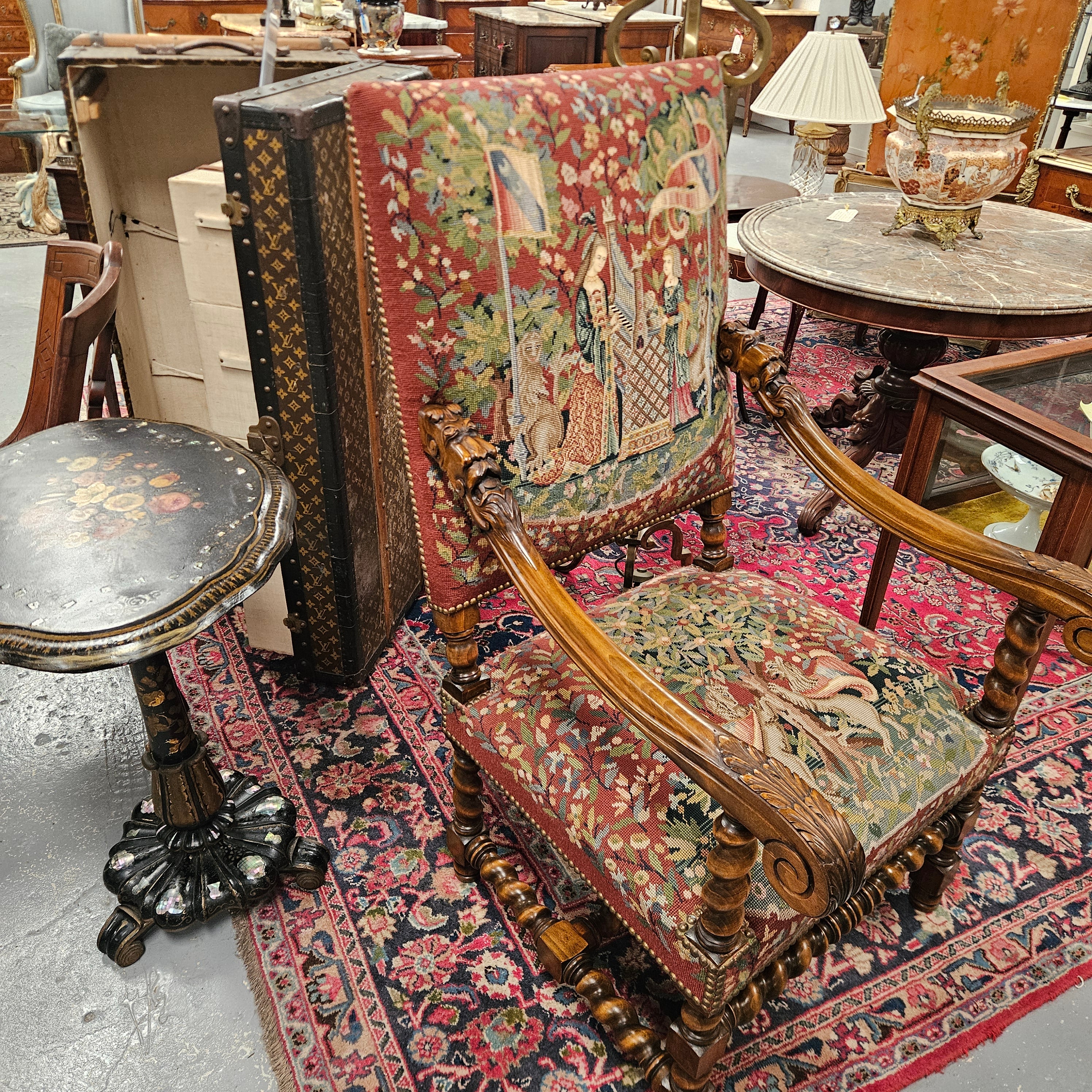 19th Century French Carved Walnut & Tapestry Fireside/Throne Chair | Antique & Vintage | Moonee Ponds Antiques | Australia Wide Delivery