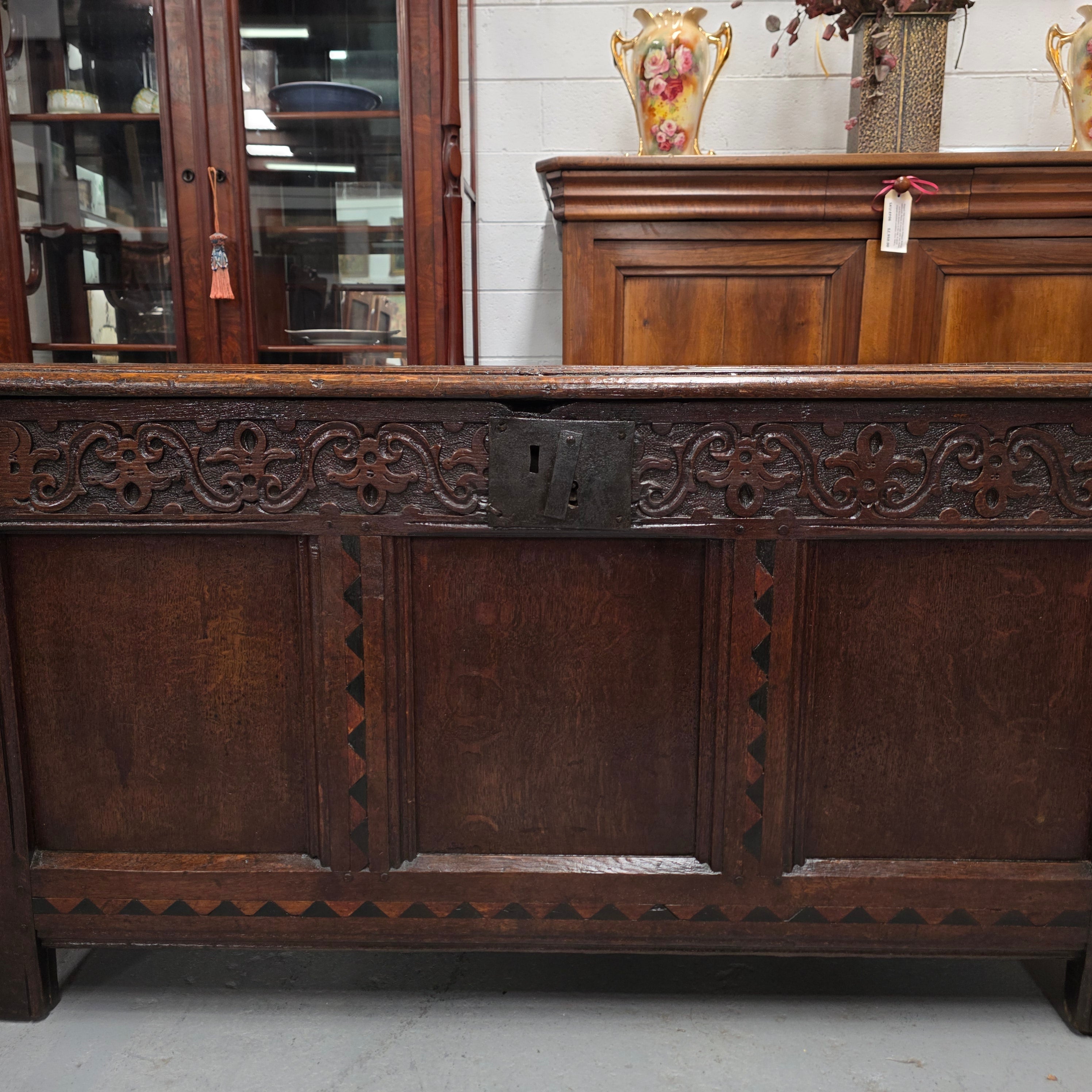 18th Century French Oak Coffer Featuring Beautiful Carvings | Antique & Vintage | Moonee Ponds Antiques | Australia Wide Delivery