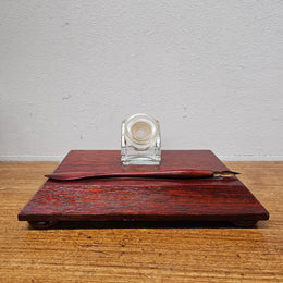 Antique Mahogany Ink Stand With Pen