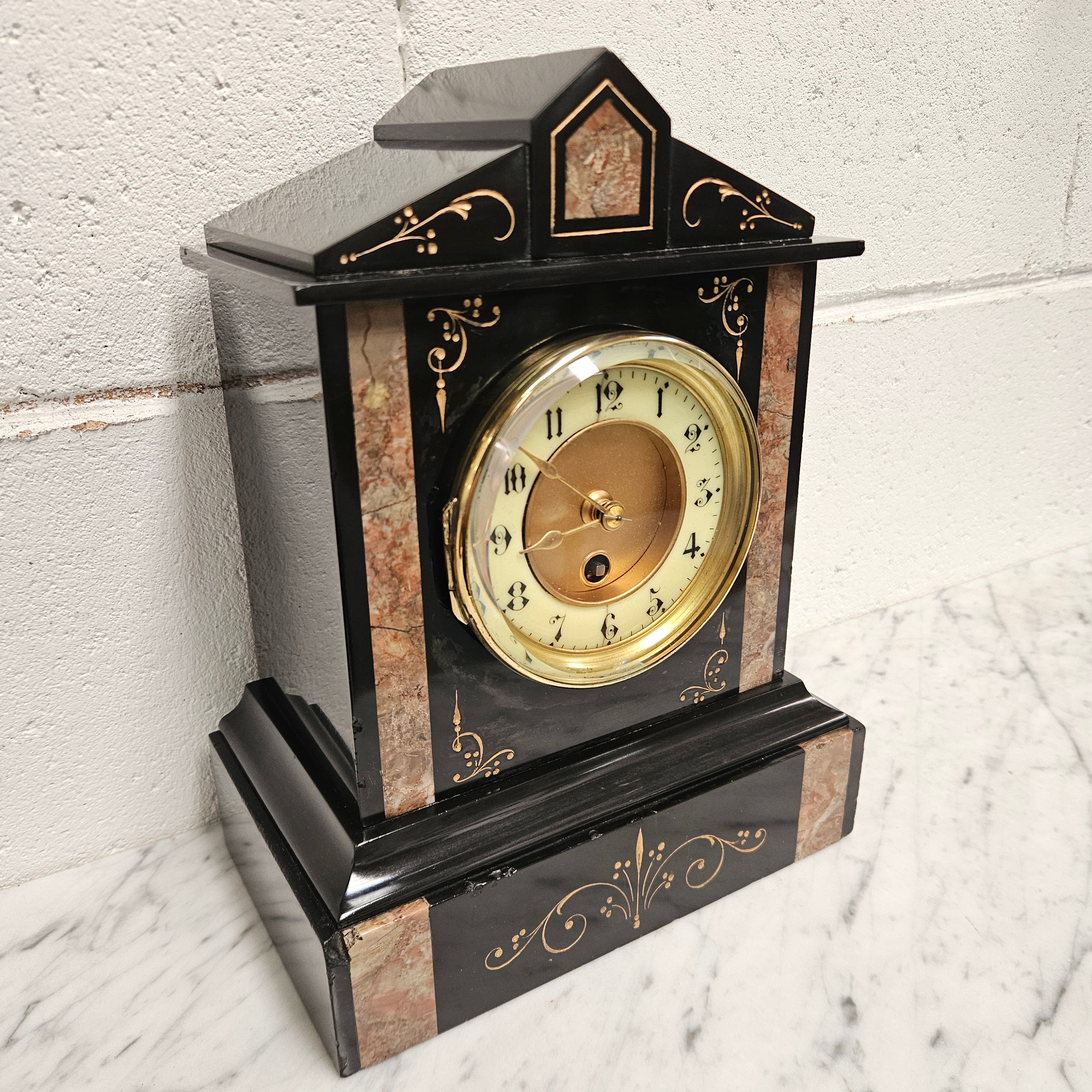 Fully Restored & Serviced French Inlaid Marble Time Piece Clock | Antique & Vintage | Moonee Ponds Antiques | Australia Wide Delivery