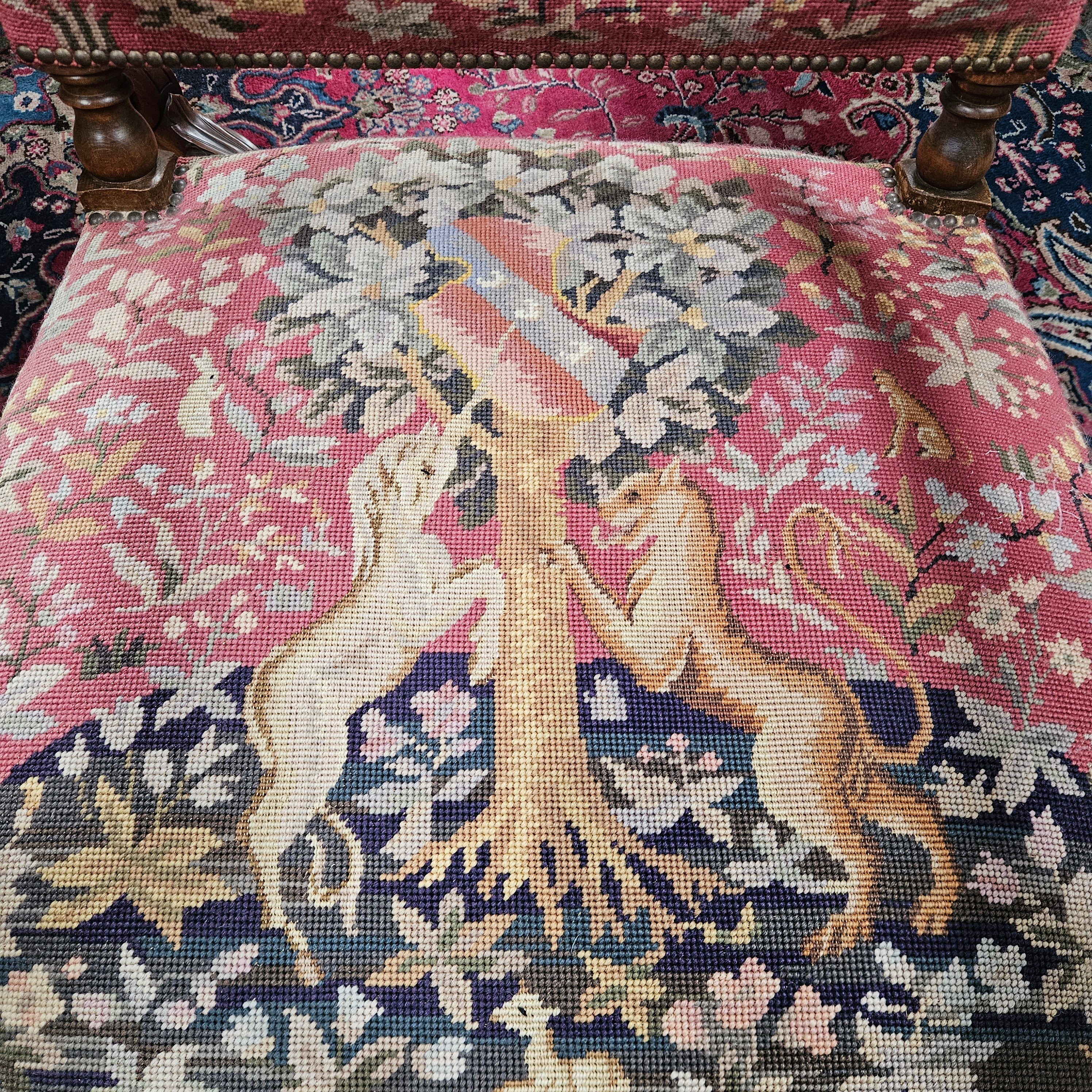 French 19th Century Walnut & Tapestry Fireside / Throne Chair | Antique & Vintage | Moonee Ponds Antiques | Australia Wide Delivery