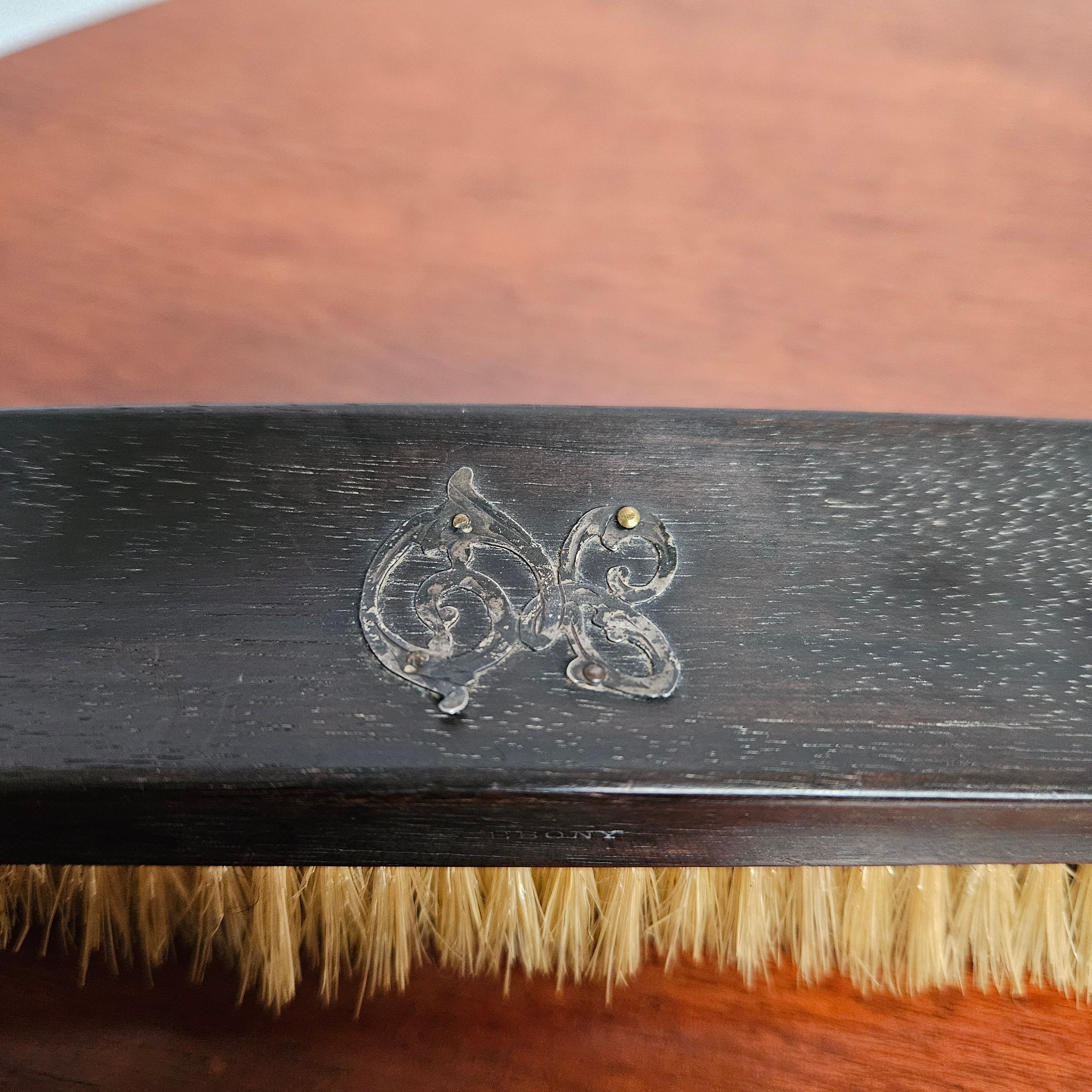 Antique Ebonised Wooden Brush With Silver Initials
