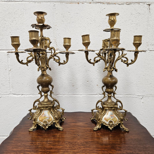 Pair of Vintage Brass & Porcelain Candlesticks