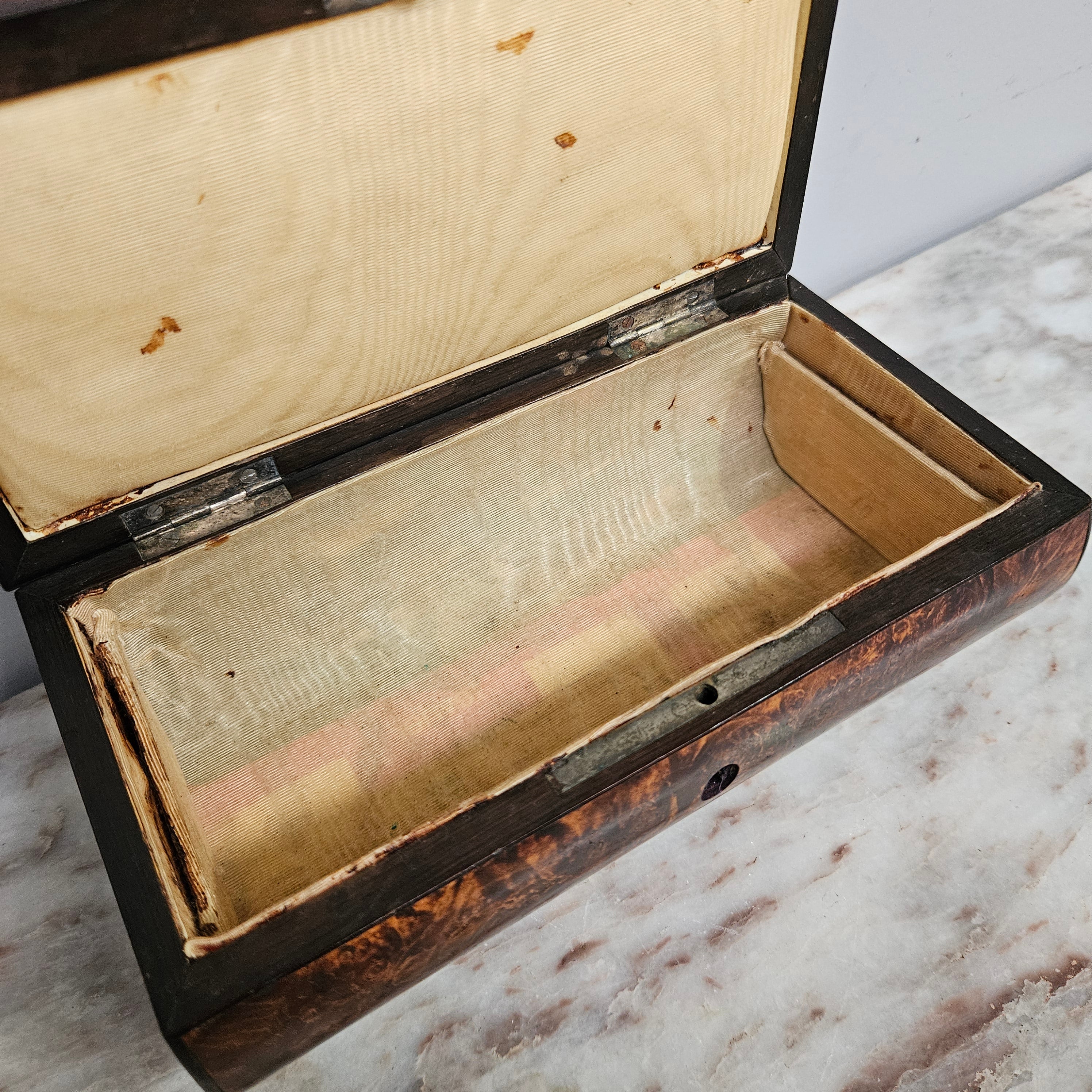 French Mulberry (Burl Ash) Trinket Box with Key | Antique & Vintage | Moonee Ponds Antiques | Australia Wide Delivery
