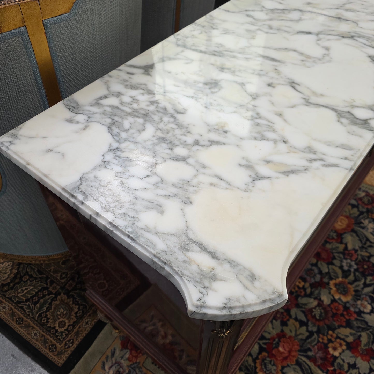 French Louis XVI Style Flame Mahogany Marble Top Commode