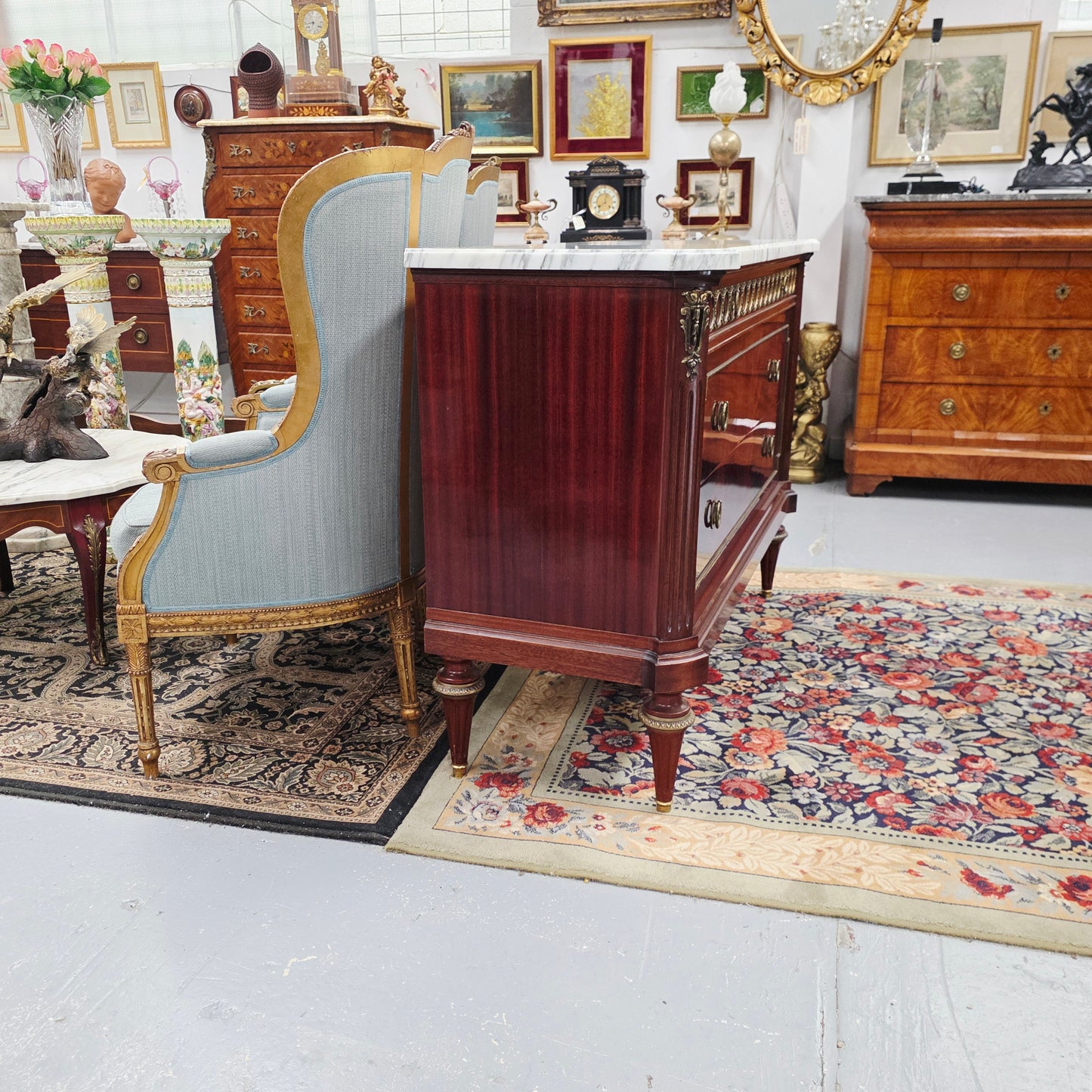 French Louis XVI Style Flame Mahogany Marble Top Commode