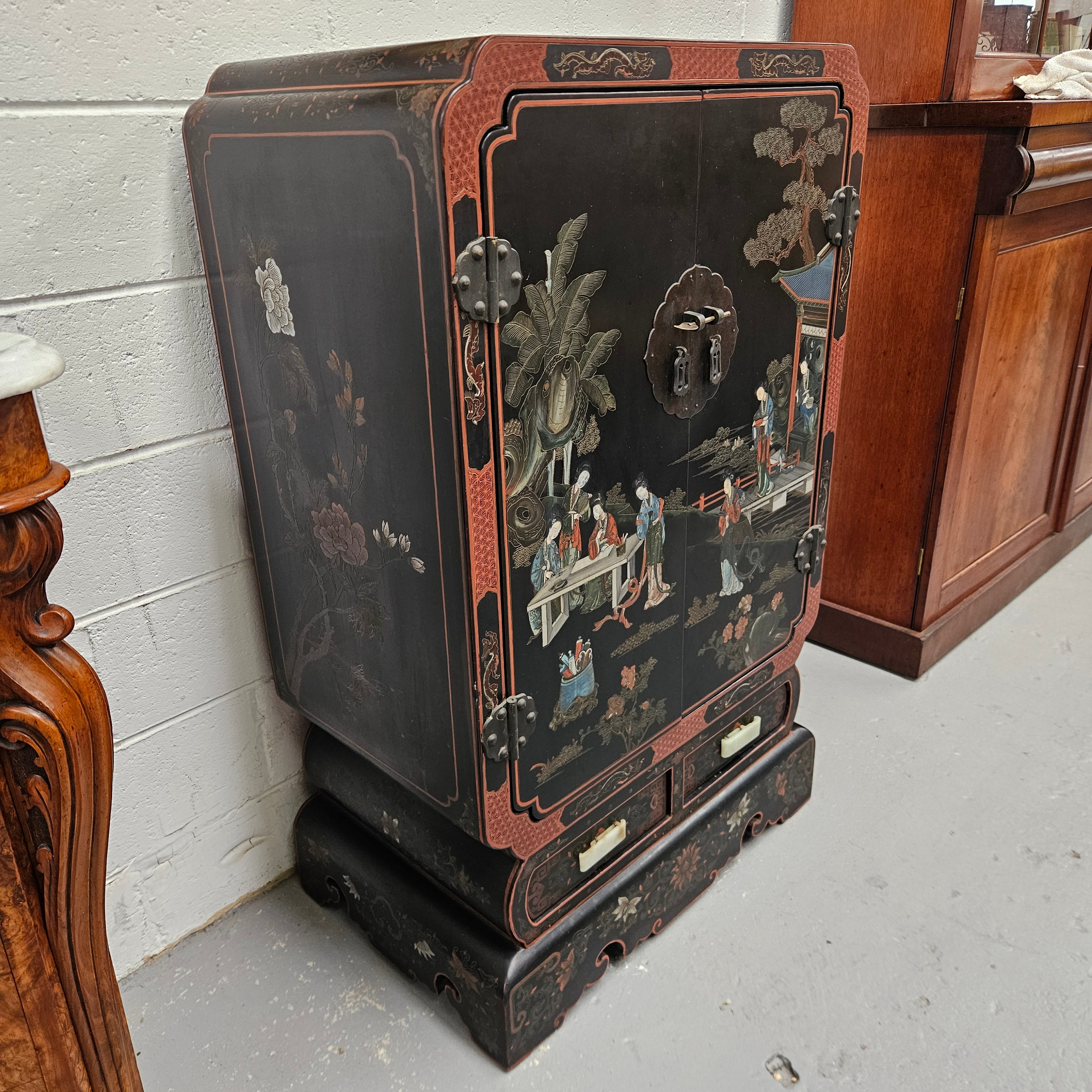 High Quailty Ebonised Chinese Cabinet with Jade Handel's & Handel's Painted | Antique & Vintage | Moonee Ponds Antiques | Australia Wide Delivery
