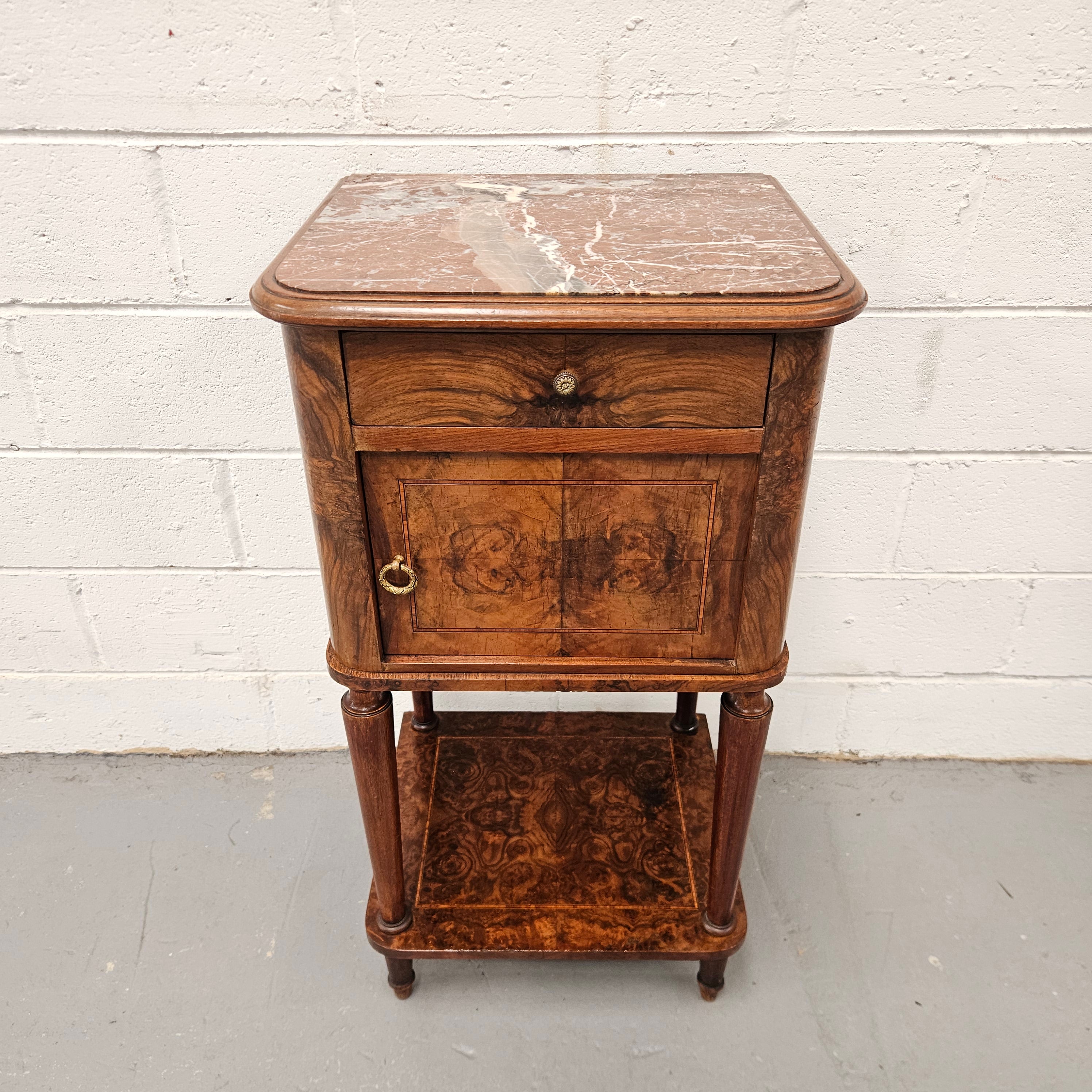 French Figured Walnut Marble Top Bedside