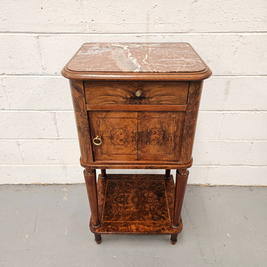 French Figured Walnut Marble Top Bedside