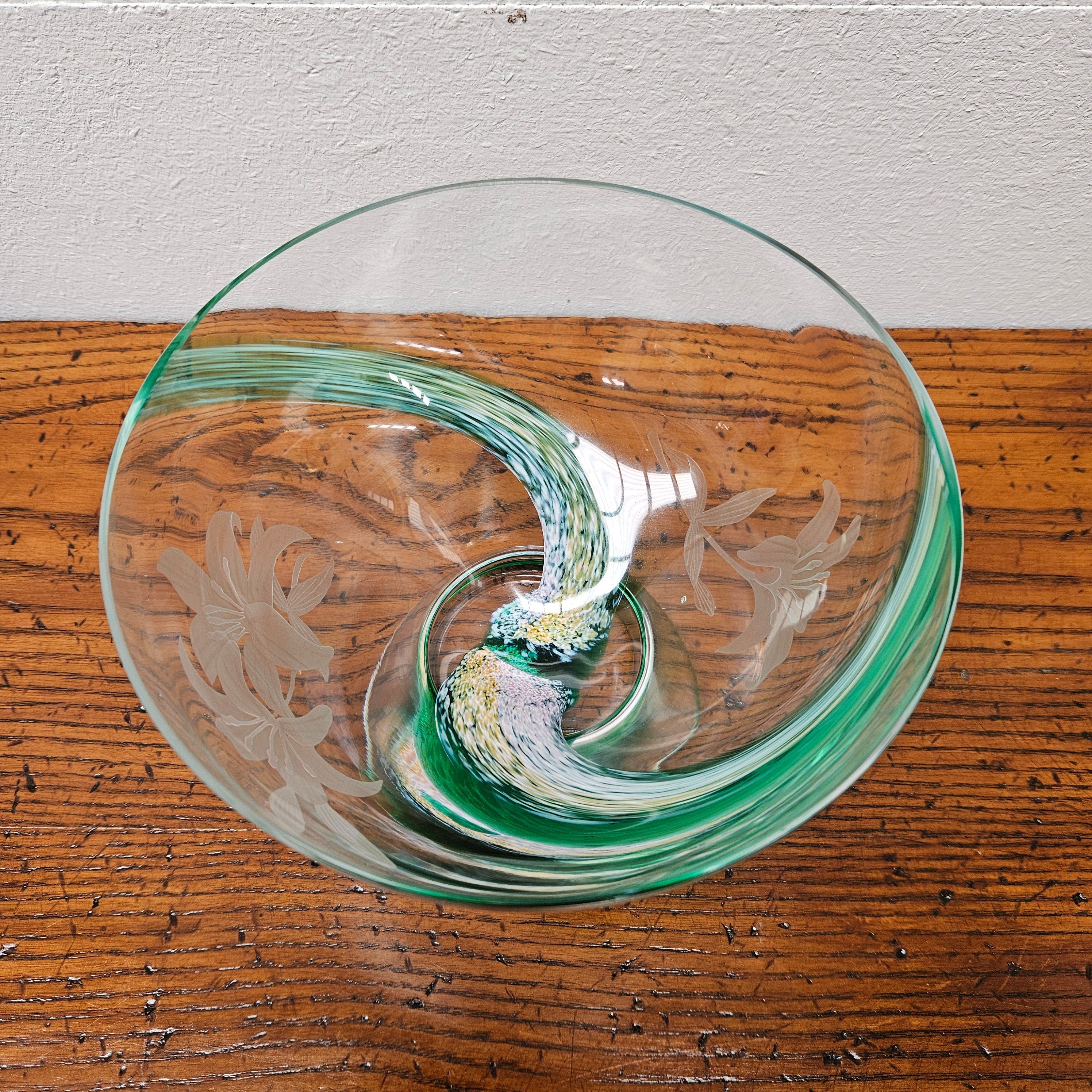 Caitness Green Swirl & Etched Glass Vase | Antique & Vintage | Moonee Ponds Antiques | Australia Wide Delivery
