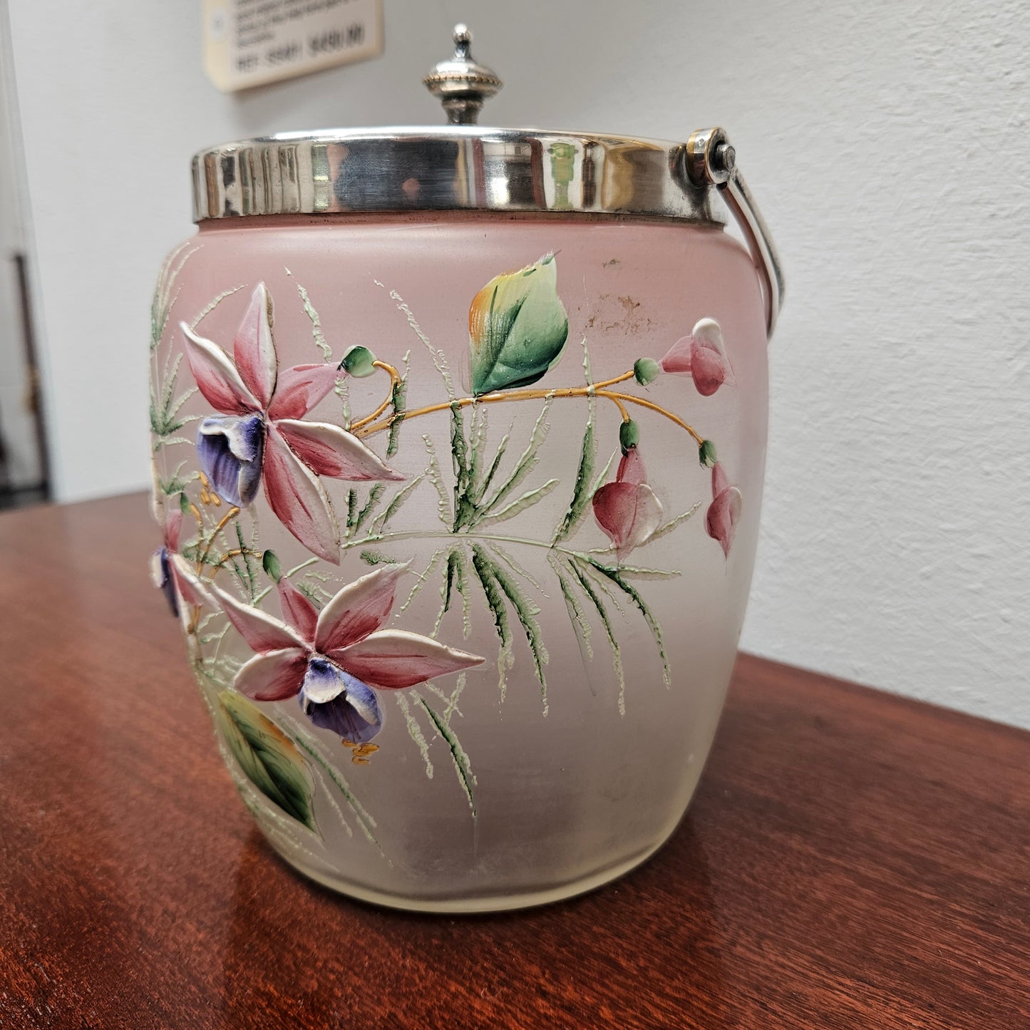 Edwardian Glass Enamel Decorated Biscuit Barrel