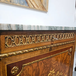 French Walnut Louis XV Style Marble Top Marquetry Inlaid Side Cabinet