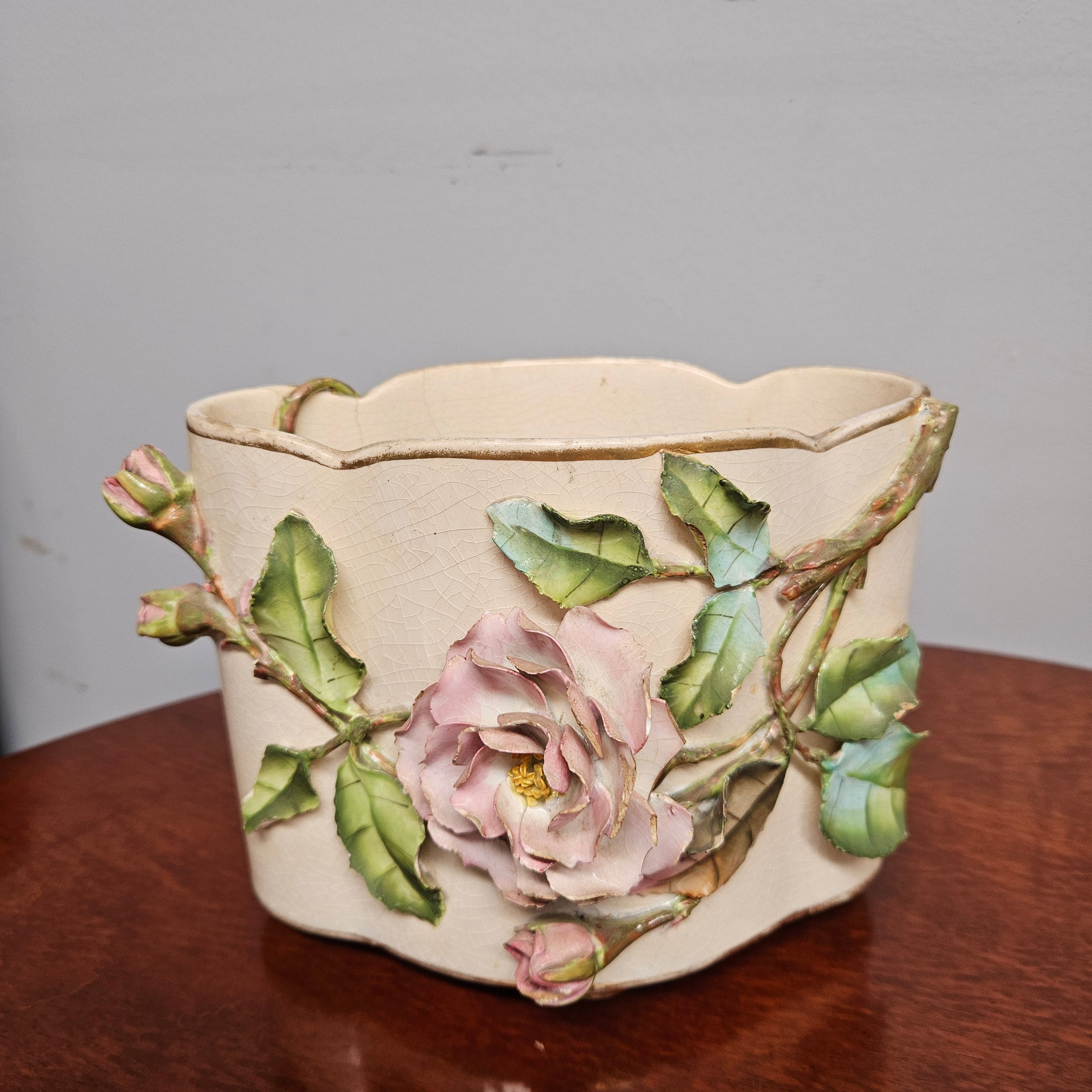 Victorian Pink Rose Pottery Flower Vase