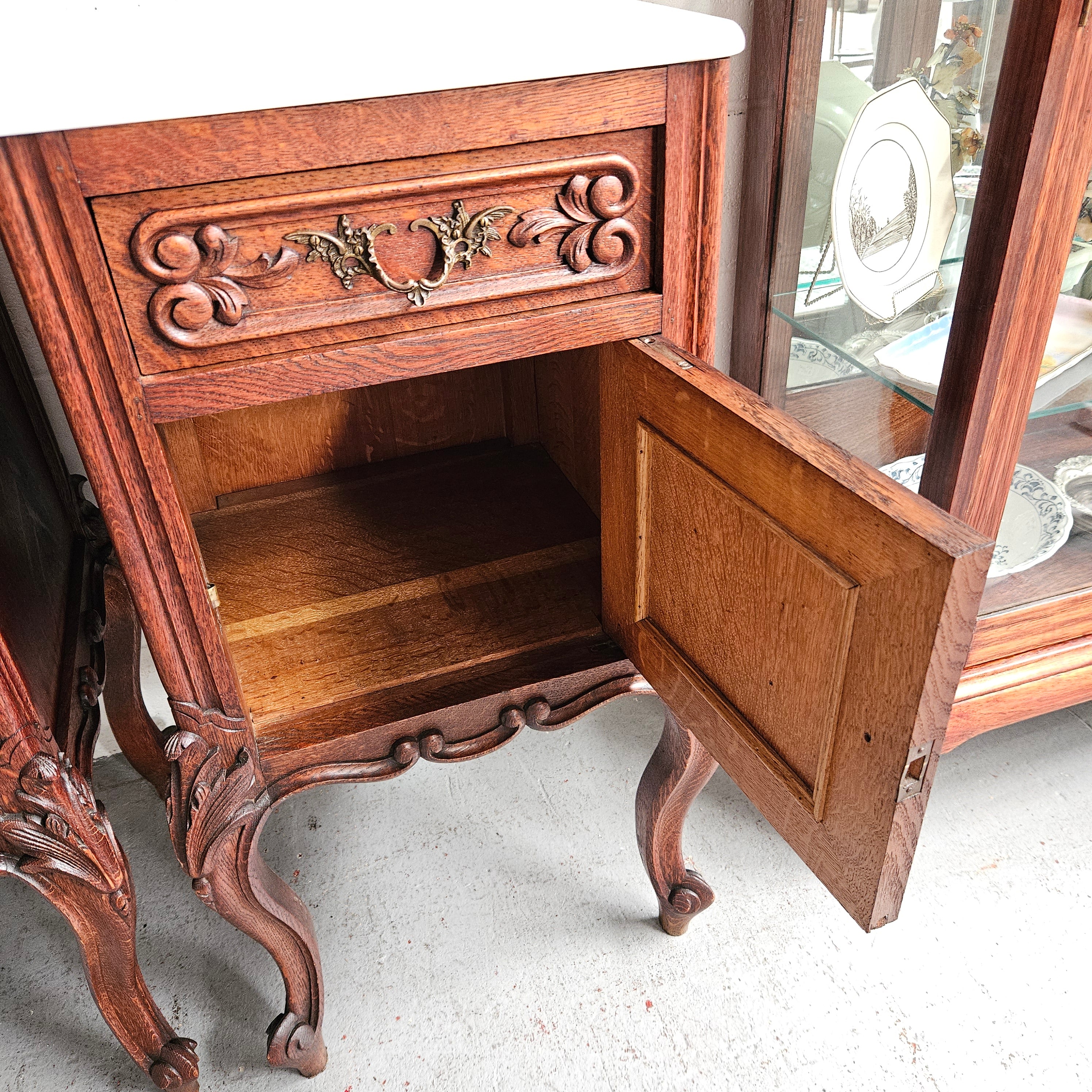 Pair of Louis XV Style White Marble Top Bedside Cabinets | Antique & Vintage | Moonee Ponds Antiques | Australia Wide Delivery