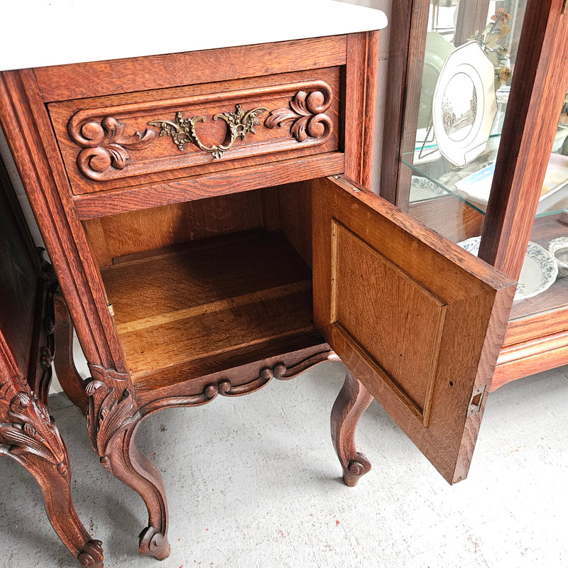 Pair of Louis XV Style White Marble Top Bedside Cabinets