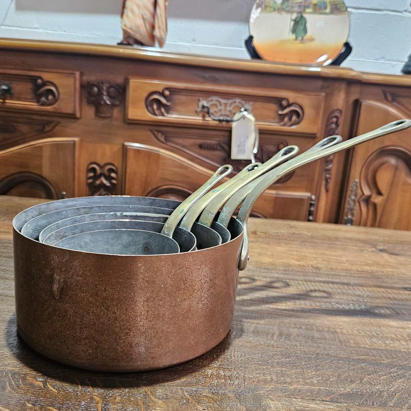 Lovely set of five copper sauce pots, they are all in good original condition for the age. Sourced from France. 