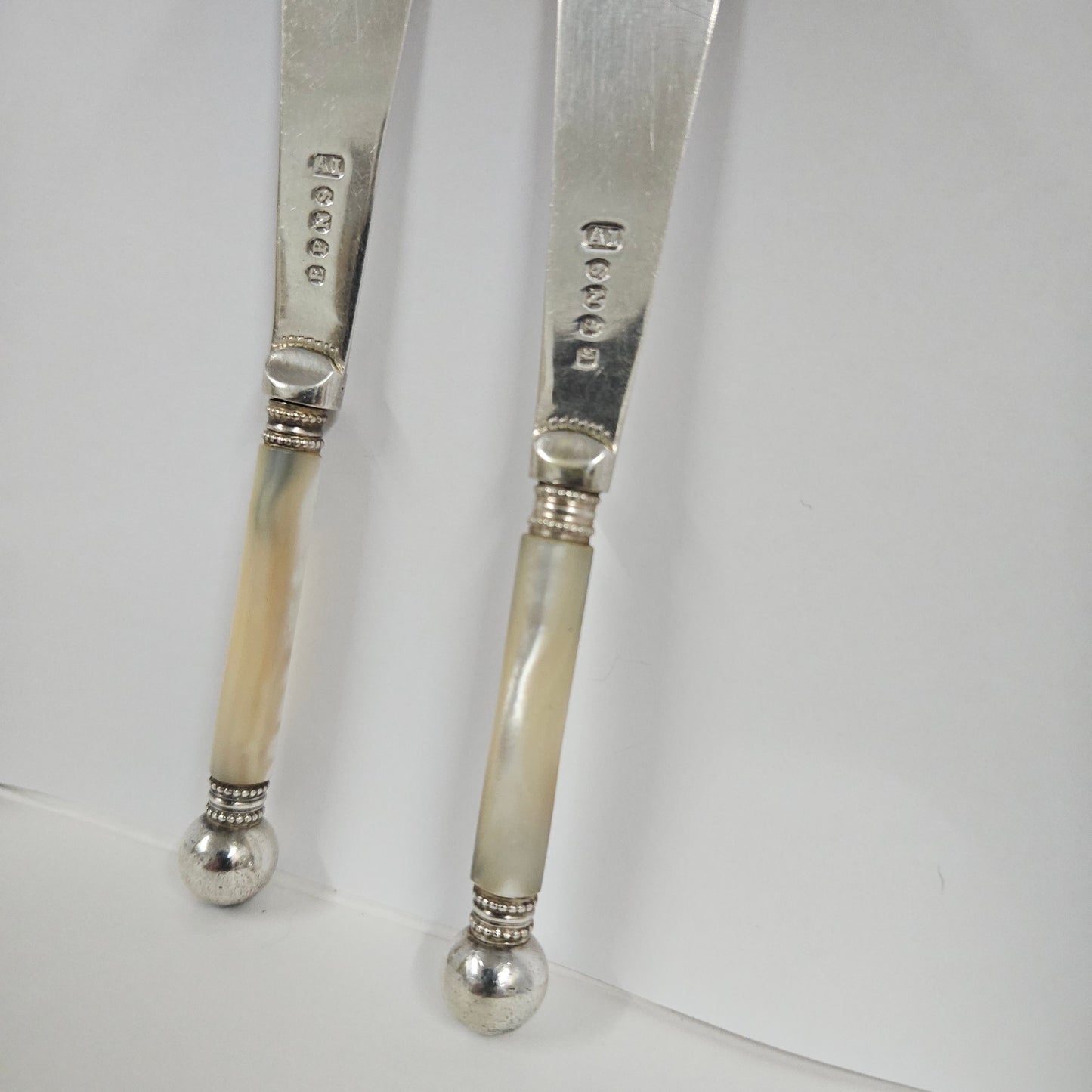 Pair Antique Mother Of Pearl & Silver Plate Butter Knives